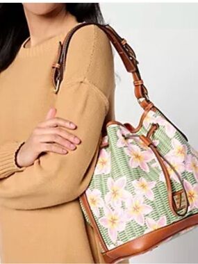 New Dooney and Bourke Drawstring Bucket Bag with Pink Plumeria Print